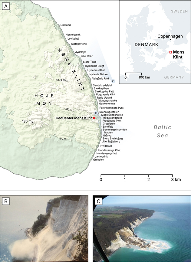 Fig. 1 Overview of the study area. A: Locality map of Høje Møn and Møns Klint showing the distribution of place names available for georeferencing. (B, C) Two famous landslides from Møns Klint demonstrate the range of types of landslides. B: The minor 1994 landslide that killed one person, the first known casualty of landslide activity in Denmark. C: The major 2007 landslide at Store Taler created a 300 m long peninsula into the Baltic Sea. Photos courtesy of Geocenter Møns Klint. The approximate perspectives of the photographs are indicated on the map (light grey shading).
