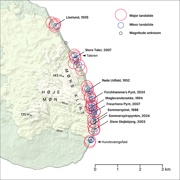 Fig. 2 Spatial distribution of landslide events at Møns Klint. Some of the more famous landslides are labelled. The map shows that landslides are distributed throughout the cliff from Taleren to Hundevængsfald. For a complete overview of events and their locality, we refer to the GeoPackage file (Møn_Landslide_Inventory.gpkg) in the database.