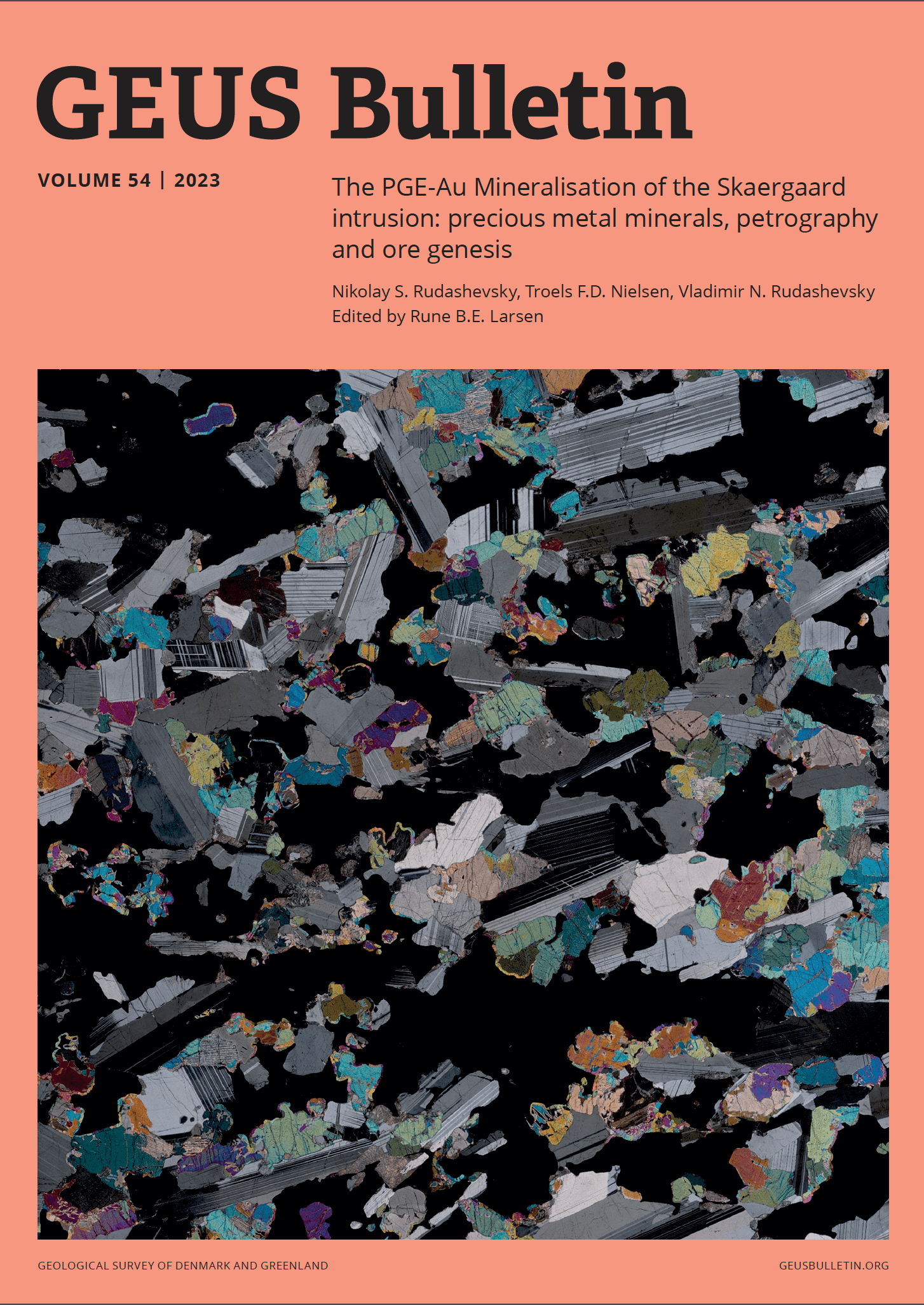 Volume 54 cover showing a microscope image of gabbro from the main palladium horizon in the Skaergaard PGE-Au Mineralisation. Credit is to the authors.