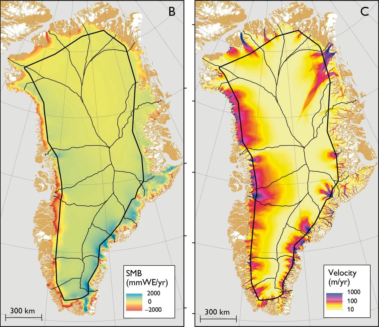 Greenland map showing parameters studied