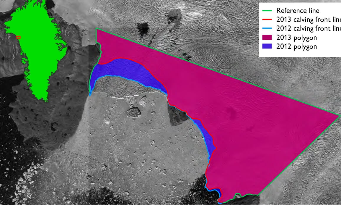 Satellite photo of ice calving lines in Greenland