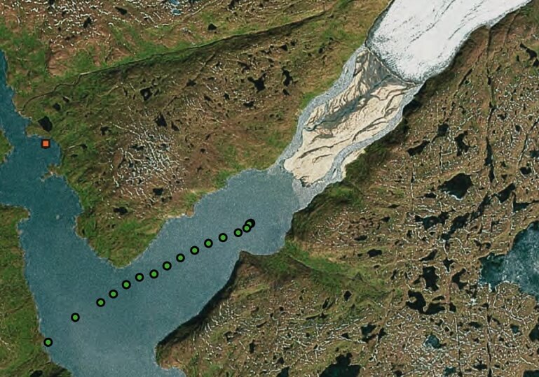 Satellite view of fjord and glacier