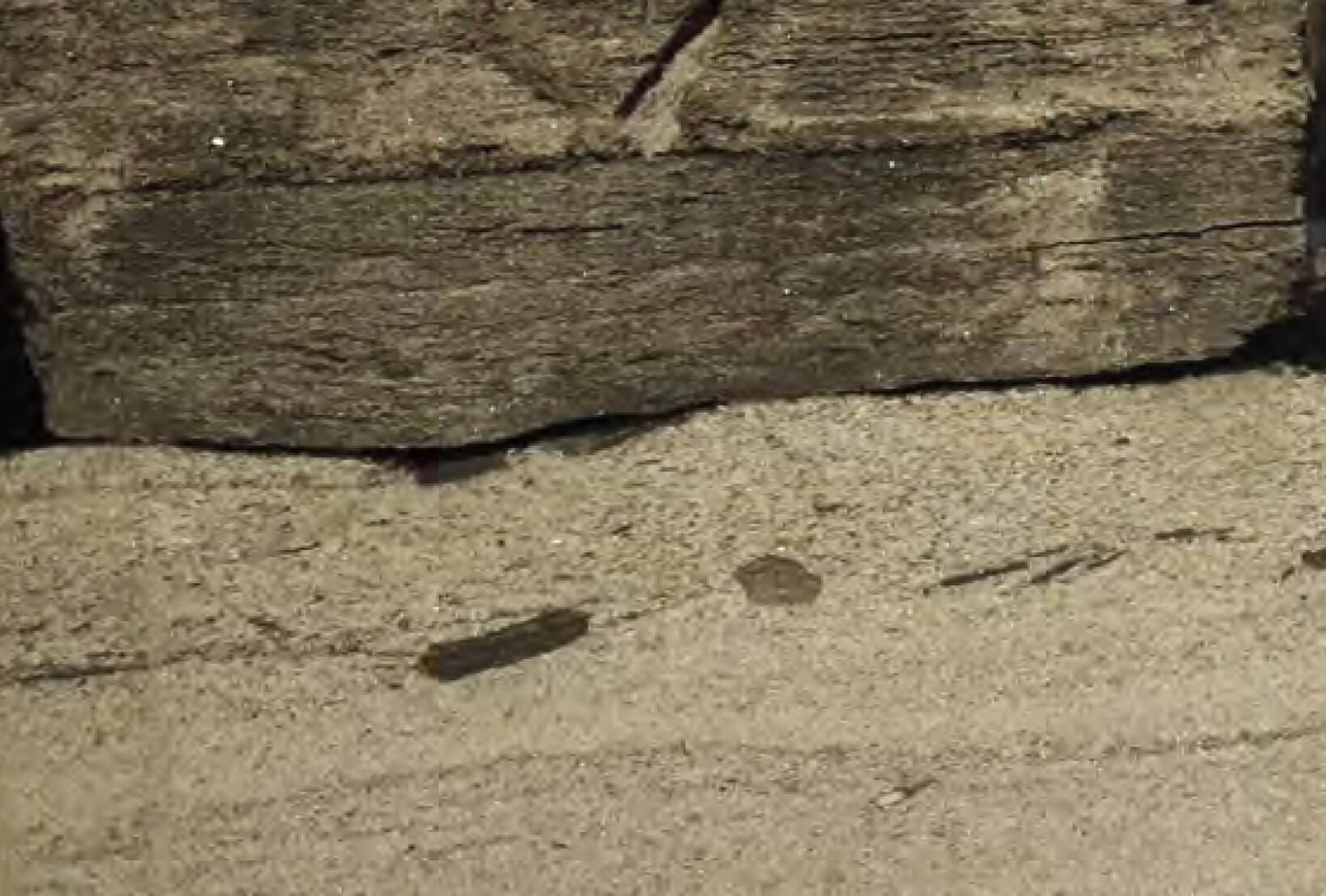 Photo of a core showing boundary between sand-rich heteroliths and bentonite