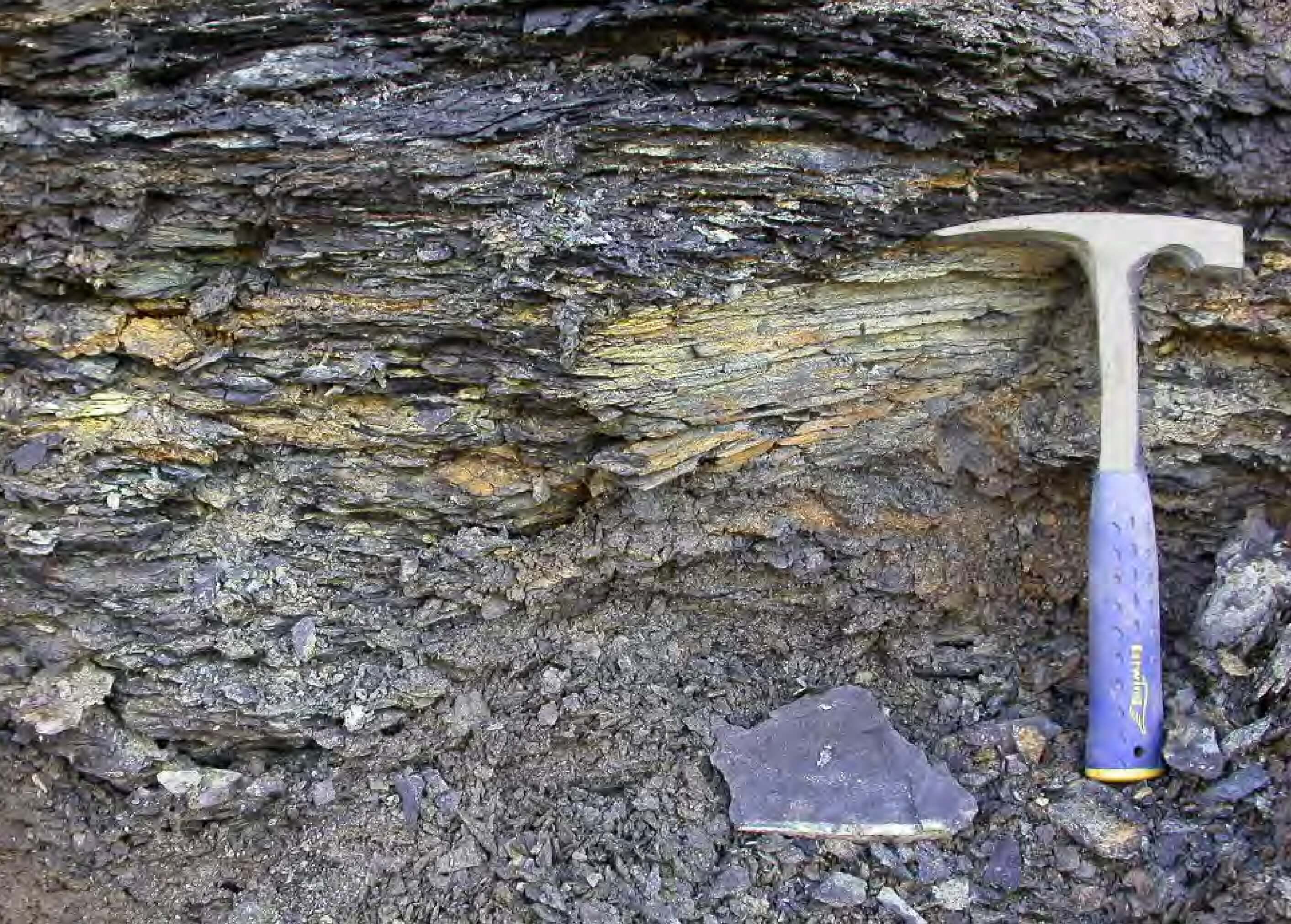 Photo of rocks with hammer for scale