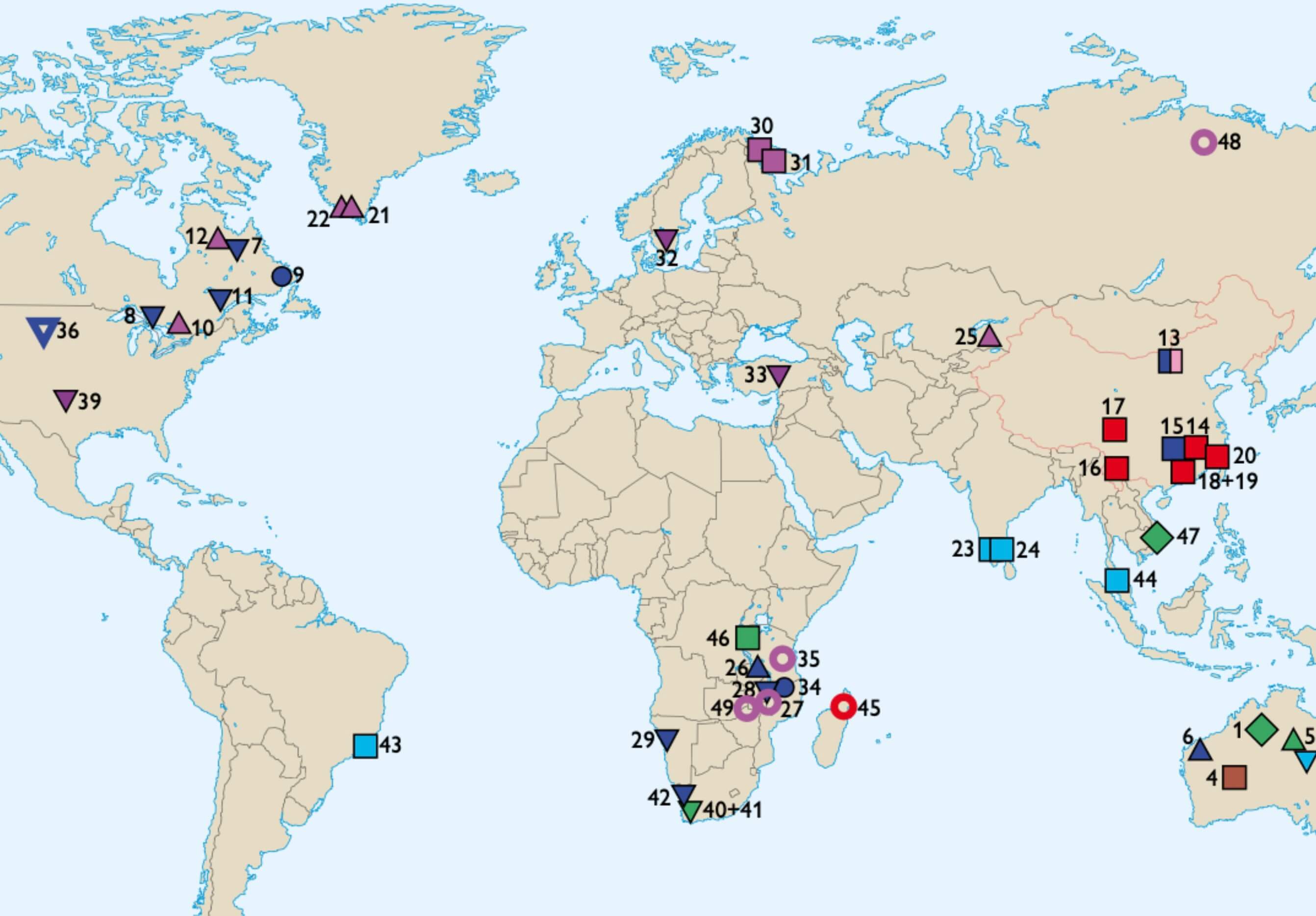 World map showing study sites