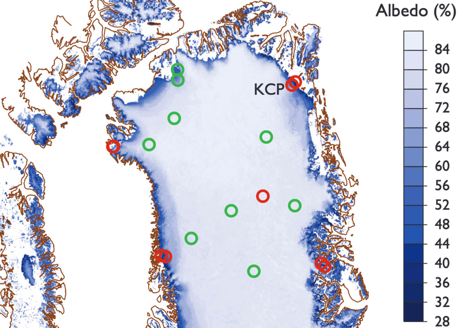 Partial map of Greenland showing ice albedo data