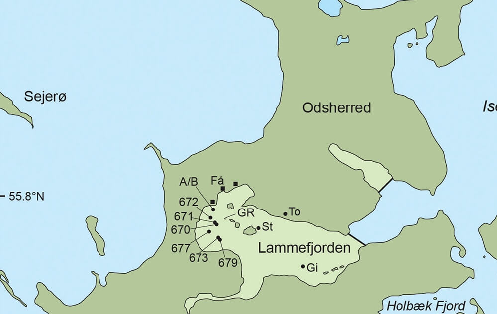 Map of Denmark showing location of study sites