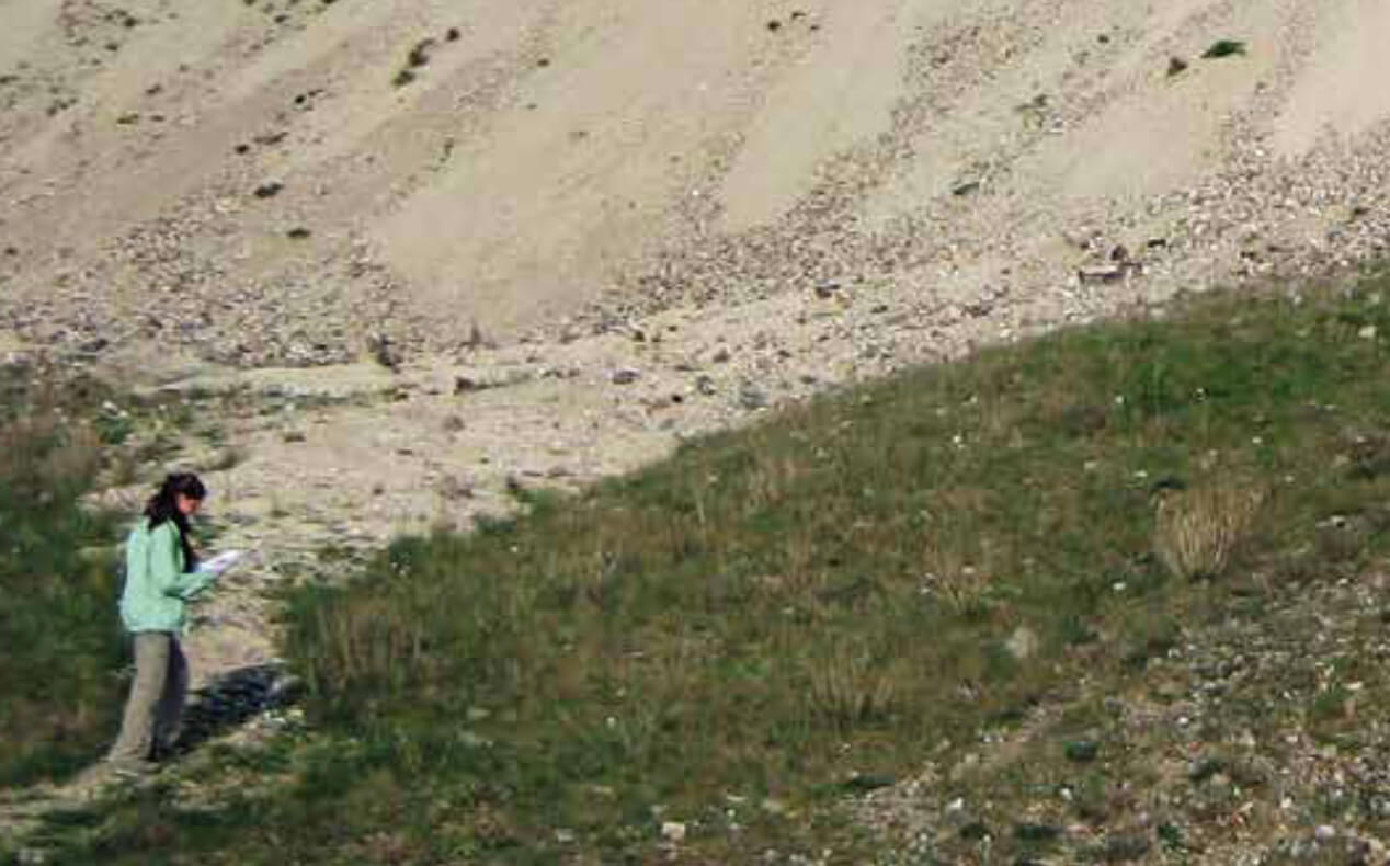 Person stands in front of sand deposits.