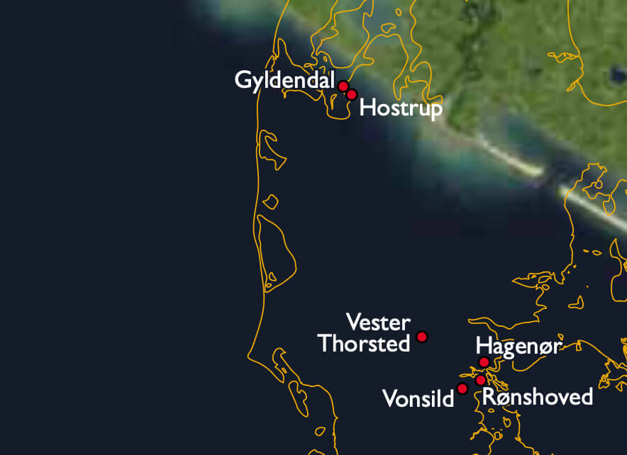 Study sites shown against map of Denmark.