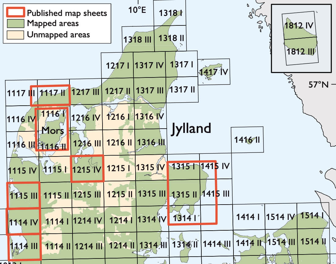 Overview of map sheet devisions over Denmark.