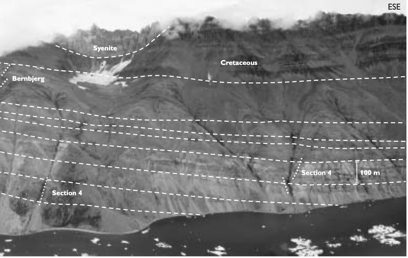 Black and white photo of mountains with geological features marked in white lines.