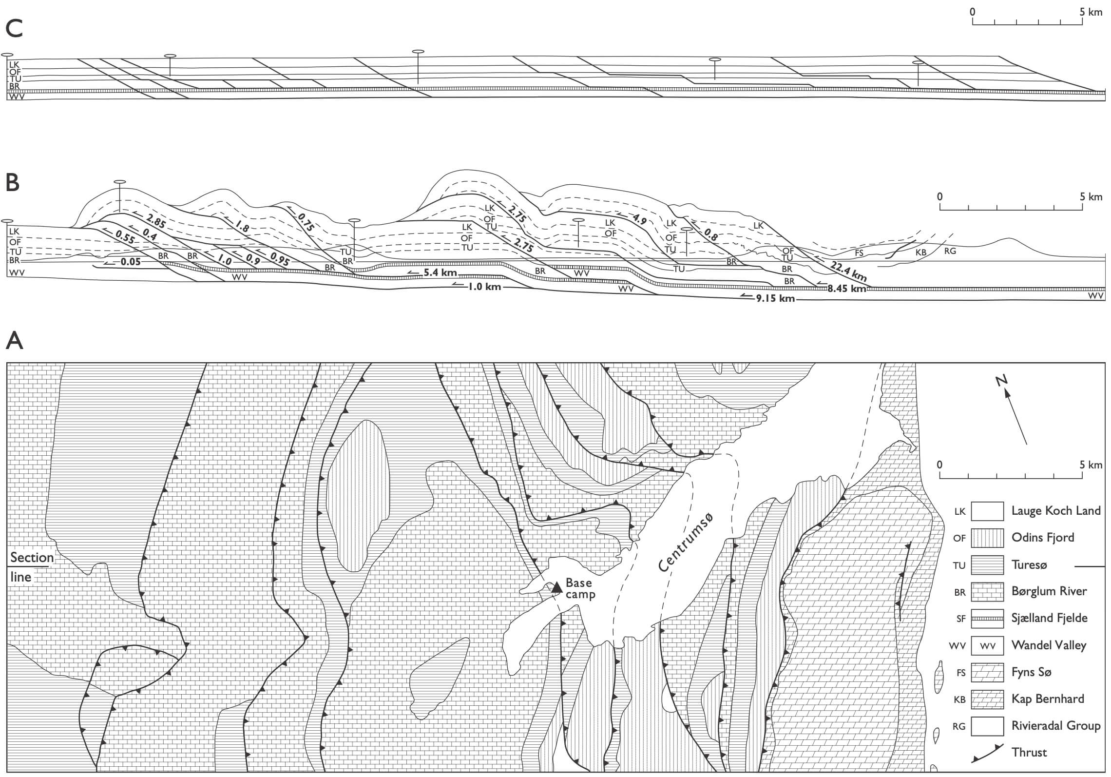 Partial view of the study area geological map and cross sections.