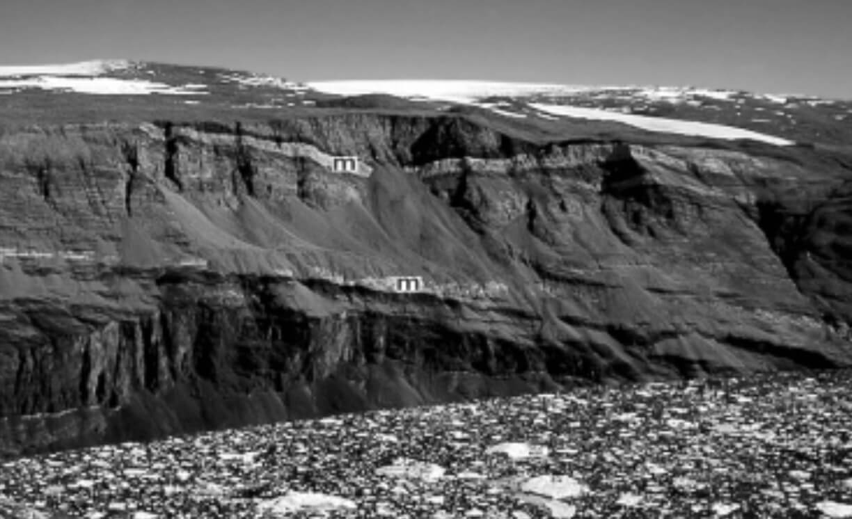 Black and white photo of cliffs.