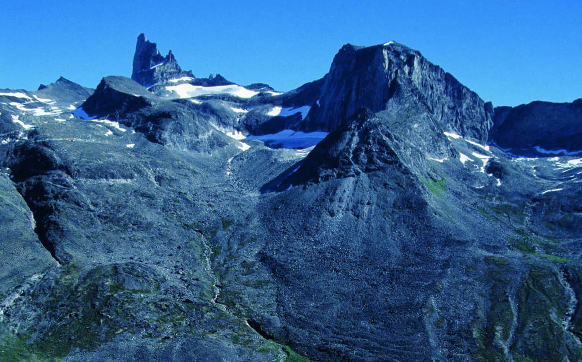 Snow capped mountains.