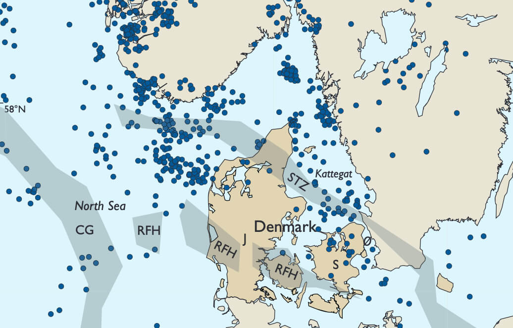 Map view of study sites in and around Denmark.