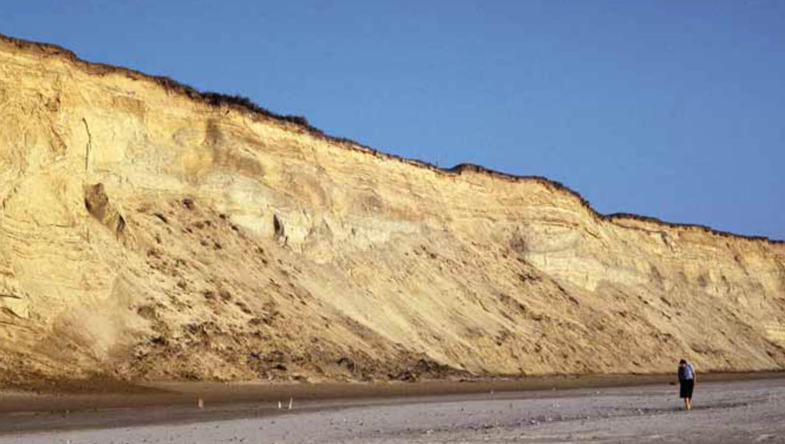 A cliff with the beach in the foreground.