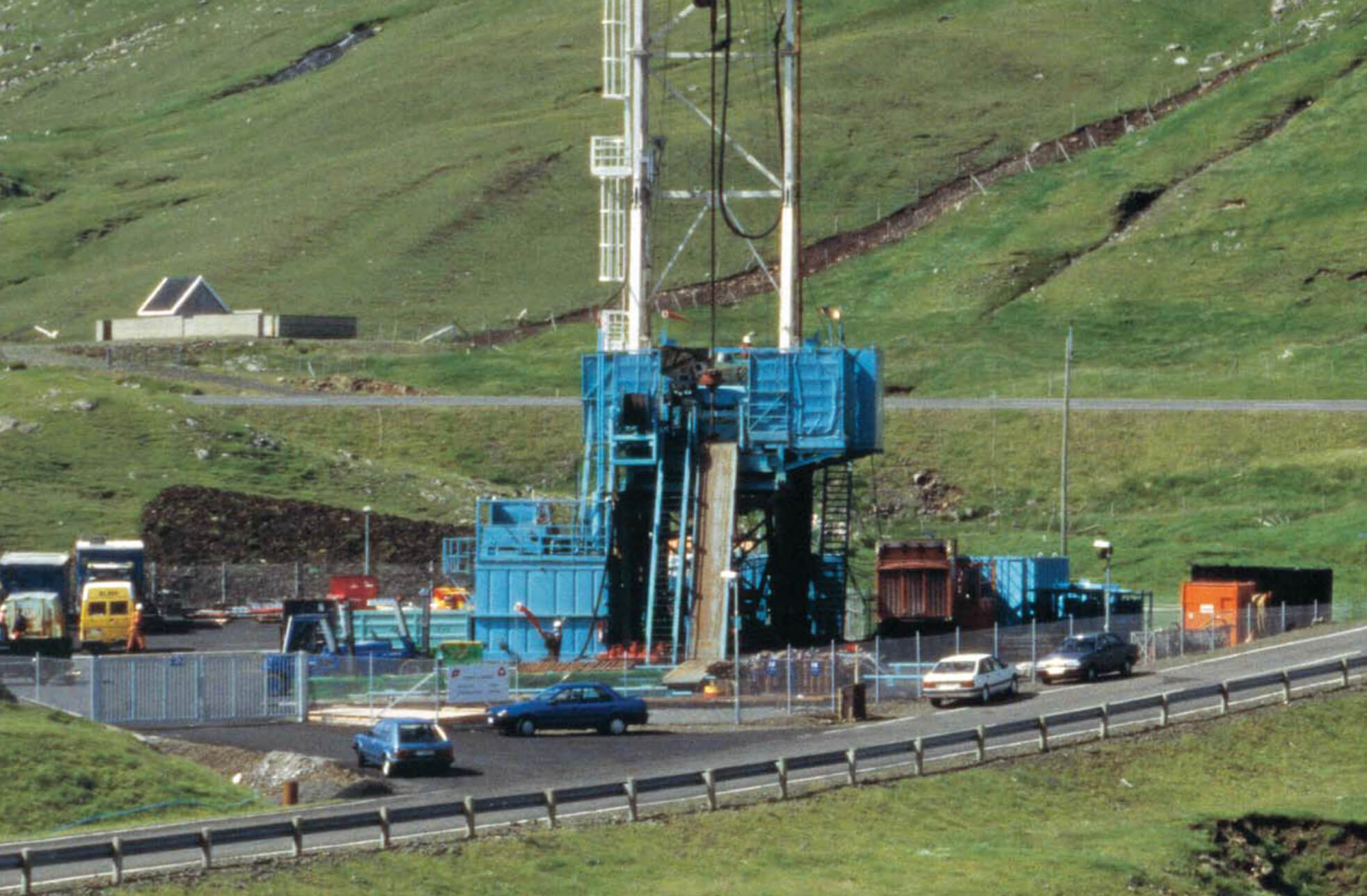 A drilling rig.