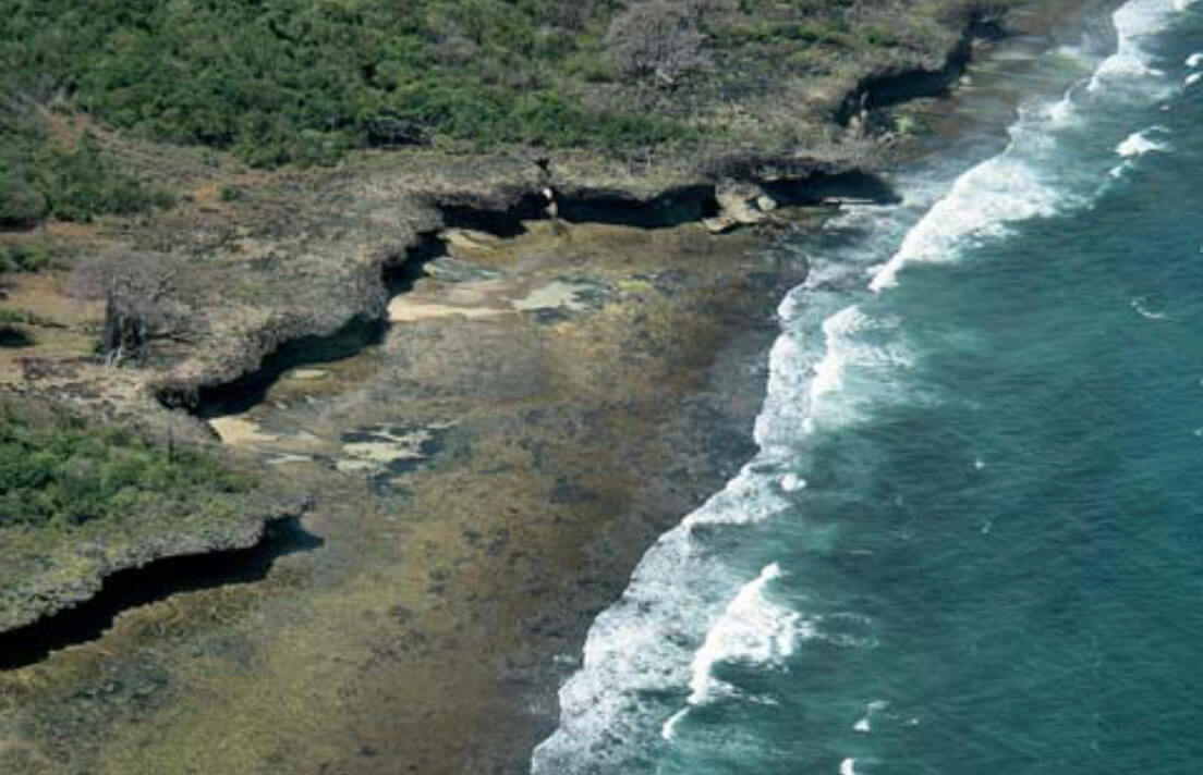 Coastline with waves breaking.