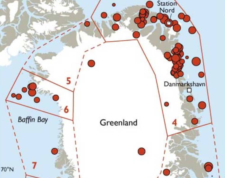 Map of Greenland showing study sites.