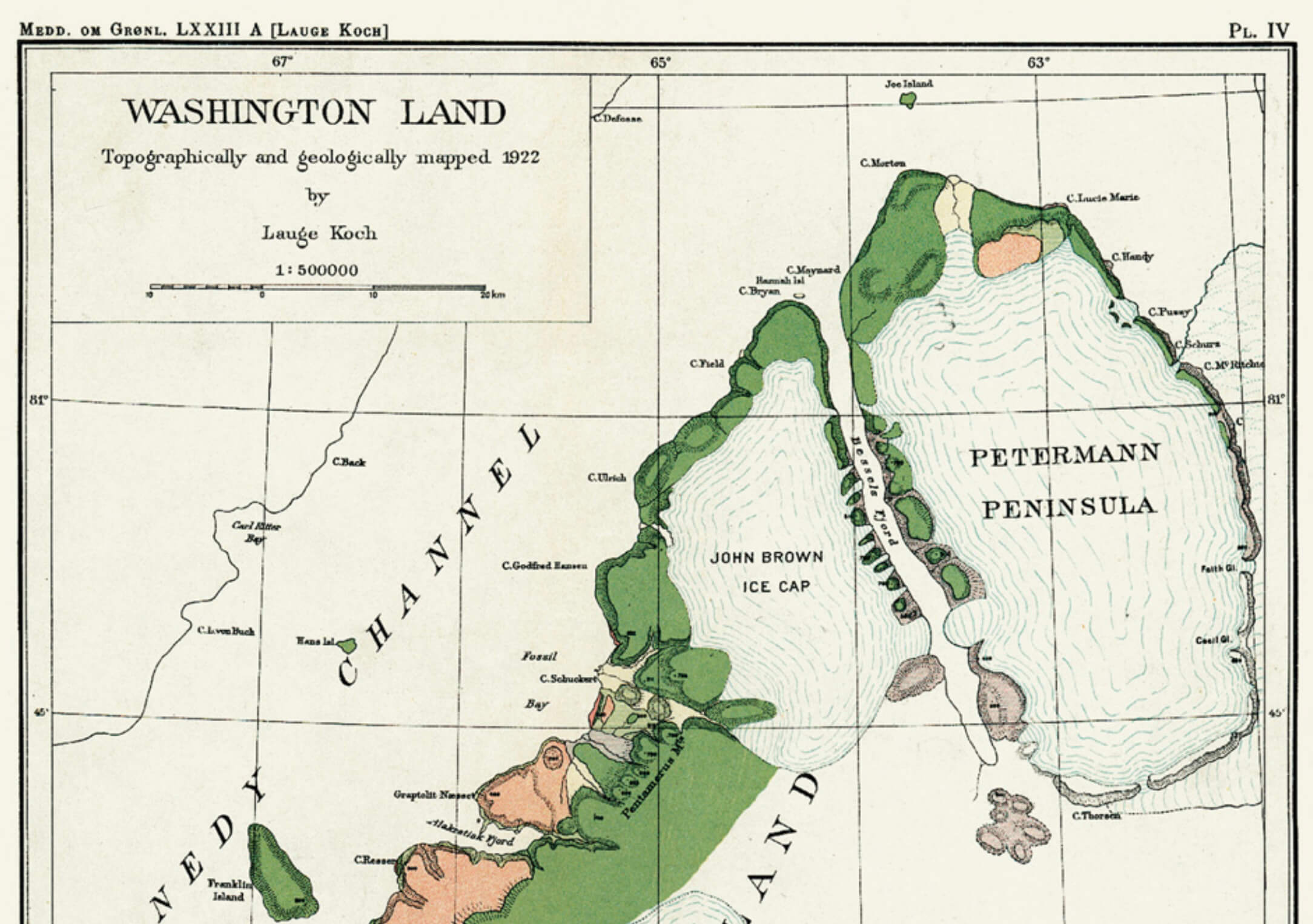 Historical map of Washington Land in Greenland.