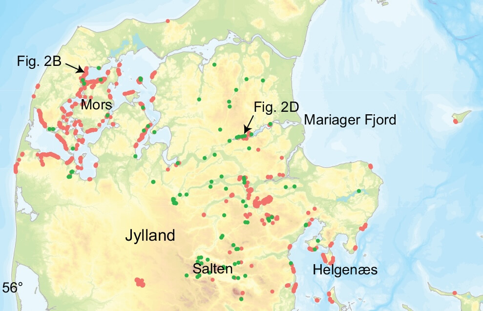 Map of Denmark showing locations of geohazards