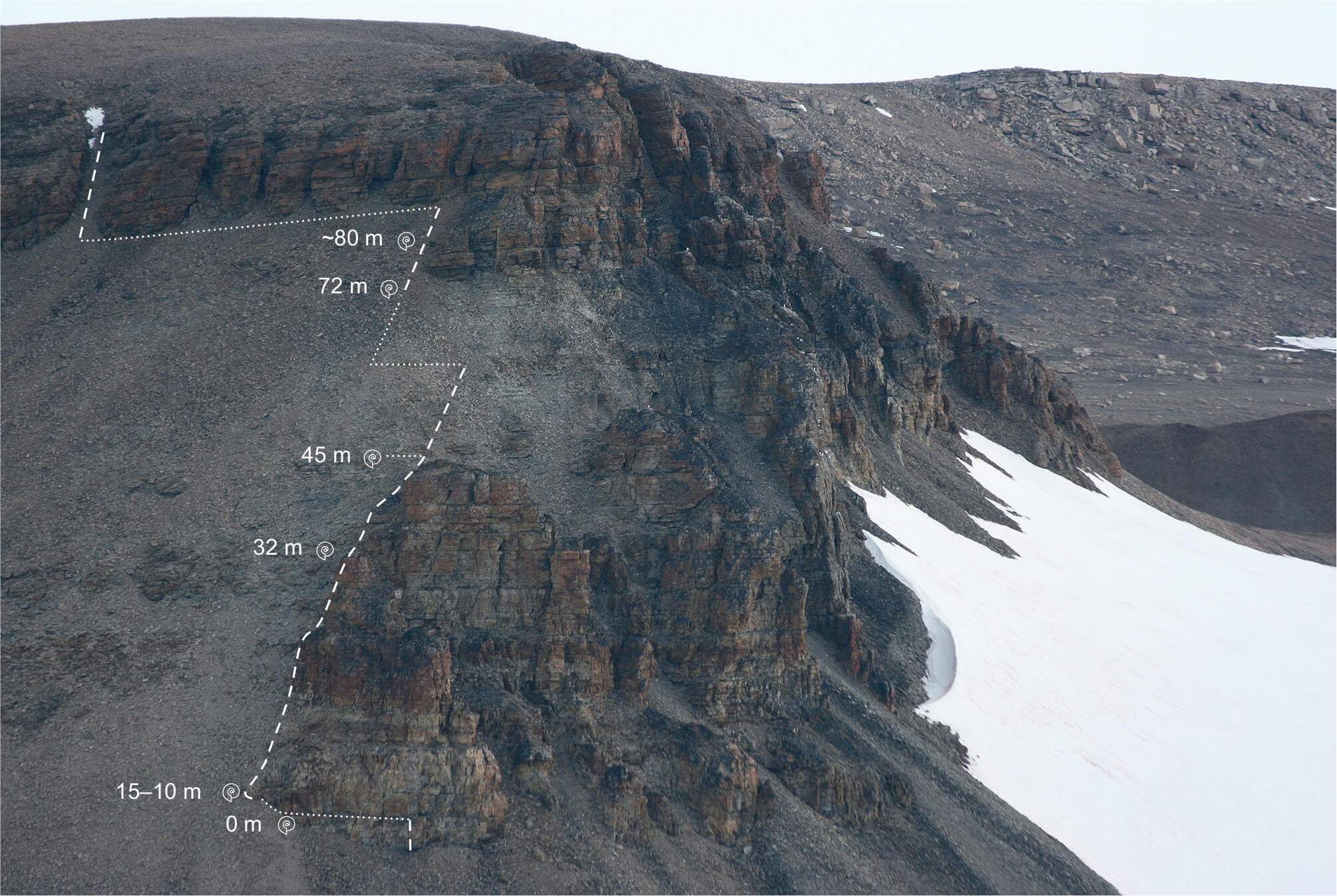 Photo of mountain showing location of key fossils