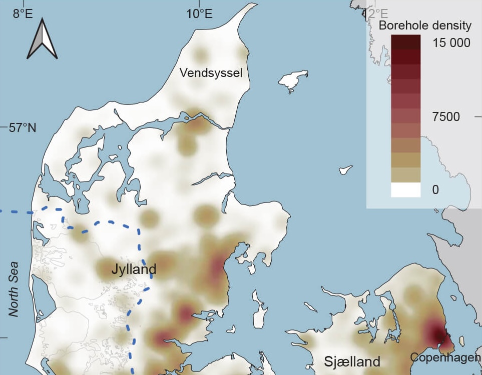 Map of Denmark showing density of geological boreholes