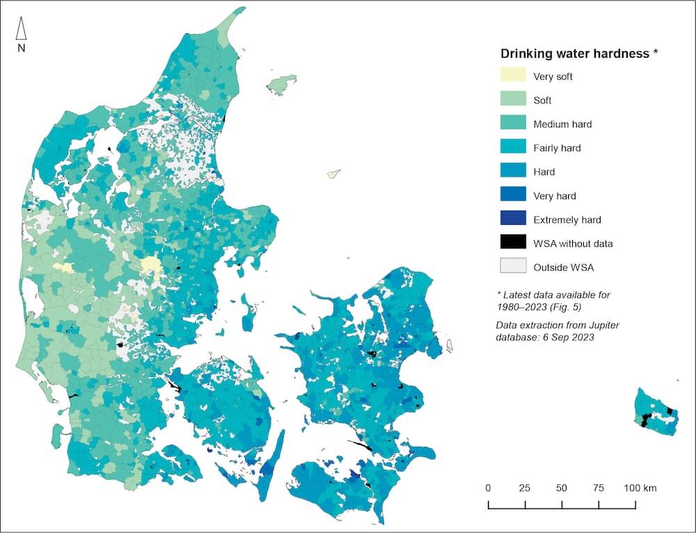 Map of Denmark showing drinking water hardness across the country