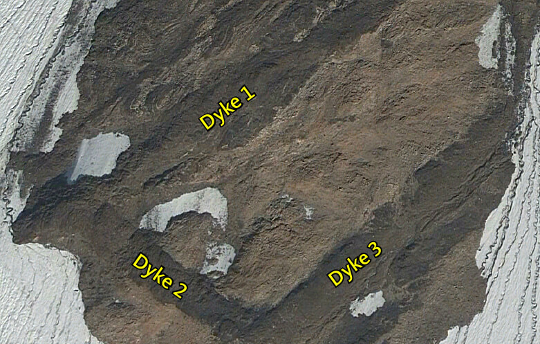 Aerial photo showing examples of dykes.