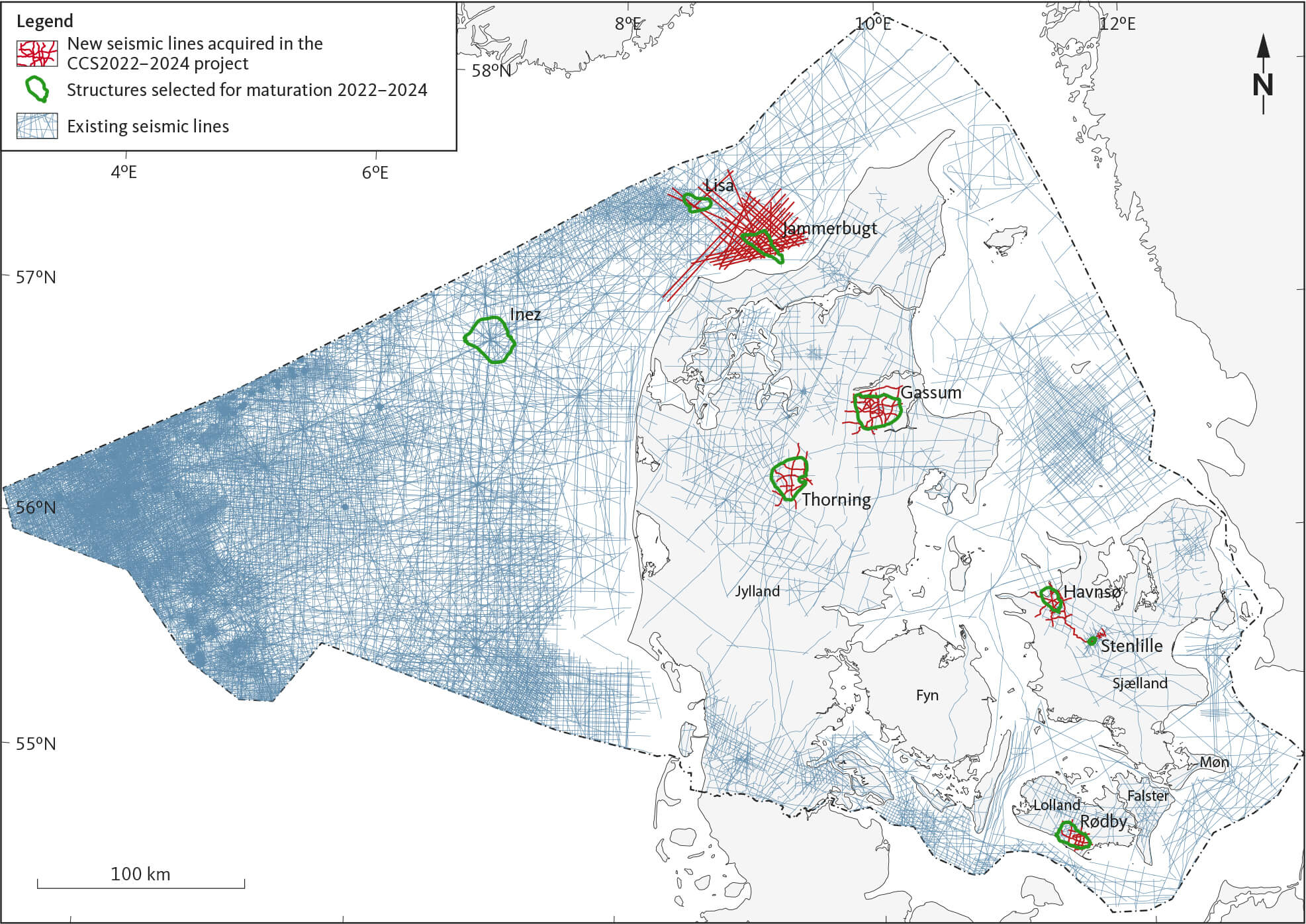 Map of Denmark, onshore and offshore, showing new and existing seismic data profiles.