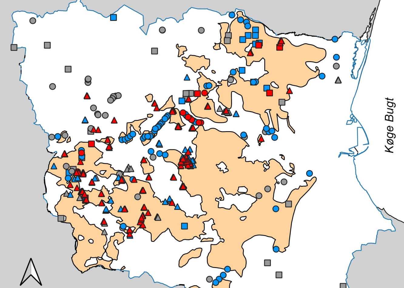 Map of Cage municipality showing location of water wells, pollution wells and other well types.