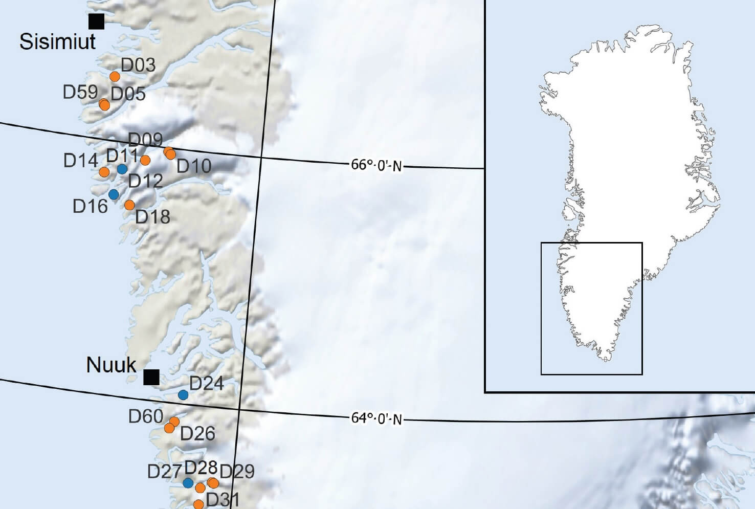 Close up view of sampling sites map, Greenland.
