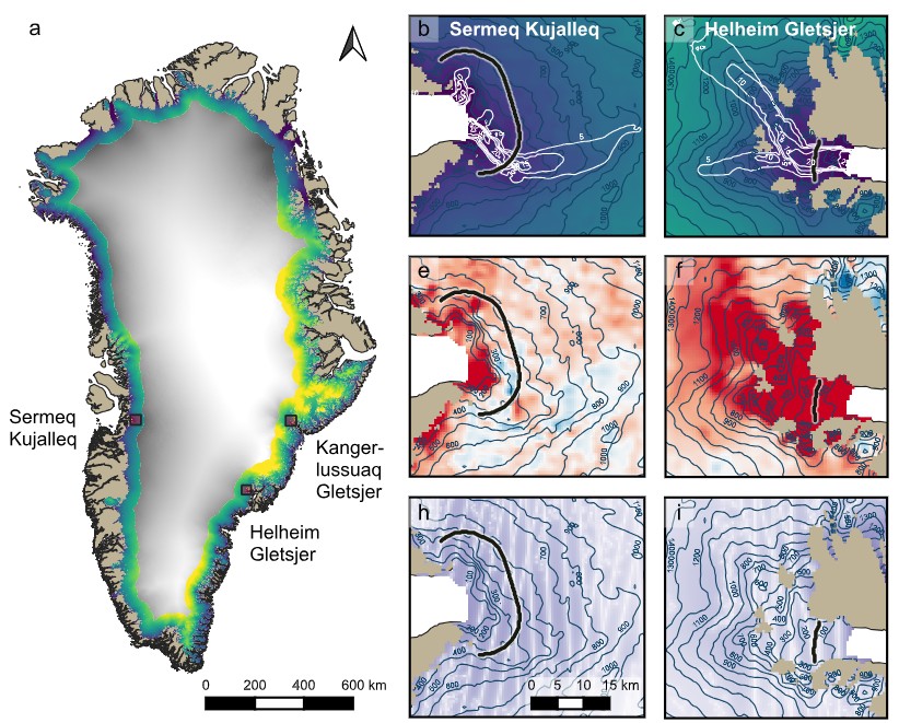 Map of Greenland showing location of glaciers and panels showing elevation anomaly, Uncertainty, and PRODEM 19 for two of the largest outlet glaciers